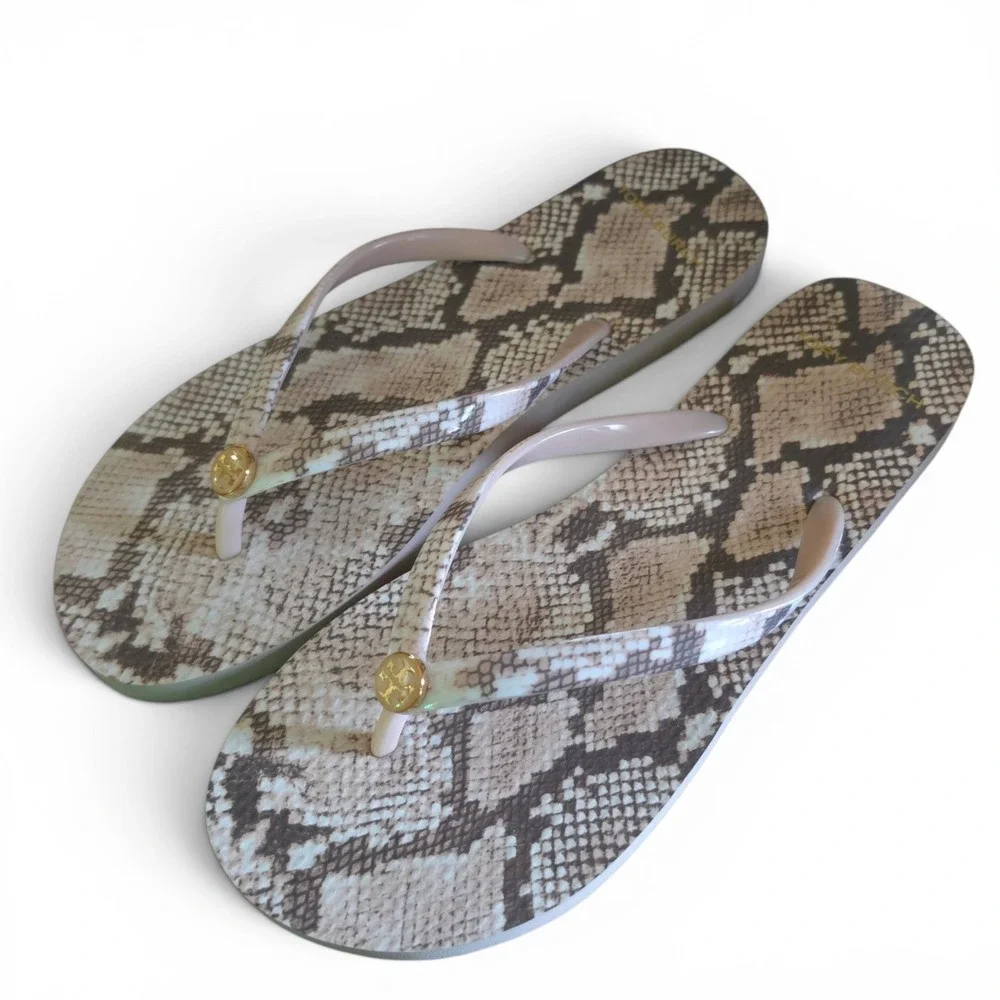 Tory Burch Womens Sz 8 Sunset Blush Roccia Snake Print Thin Flip Flops With Box